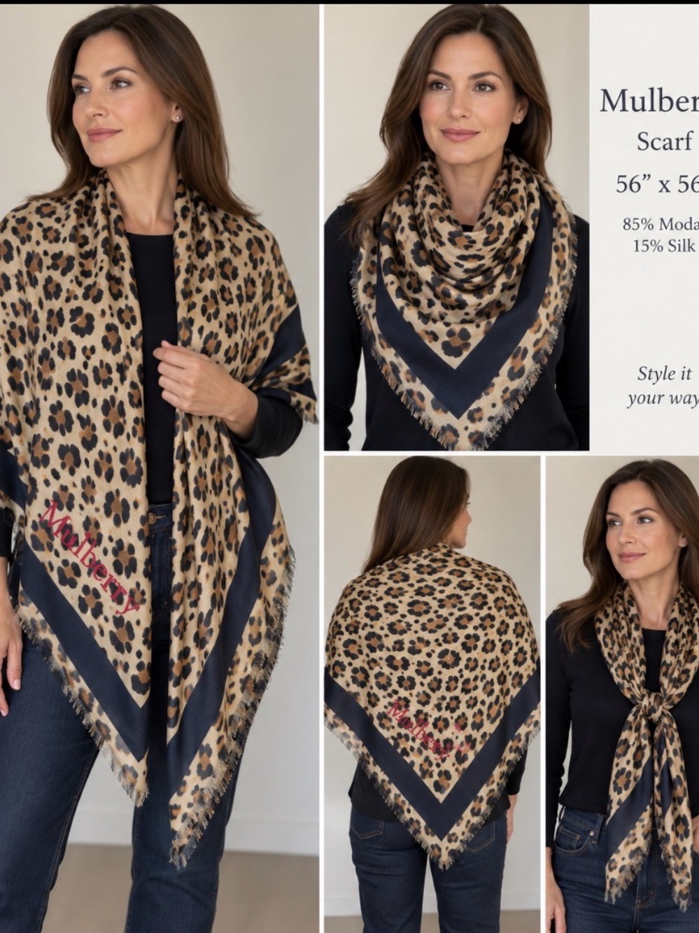 Mulberry Leopard Print Square Scarf in Tan and Black